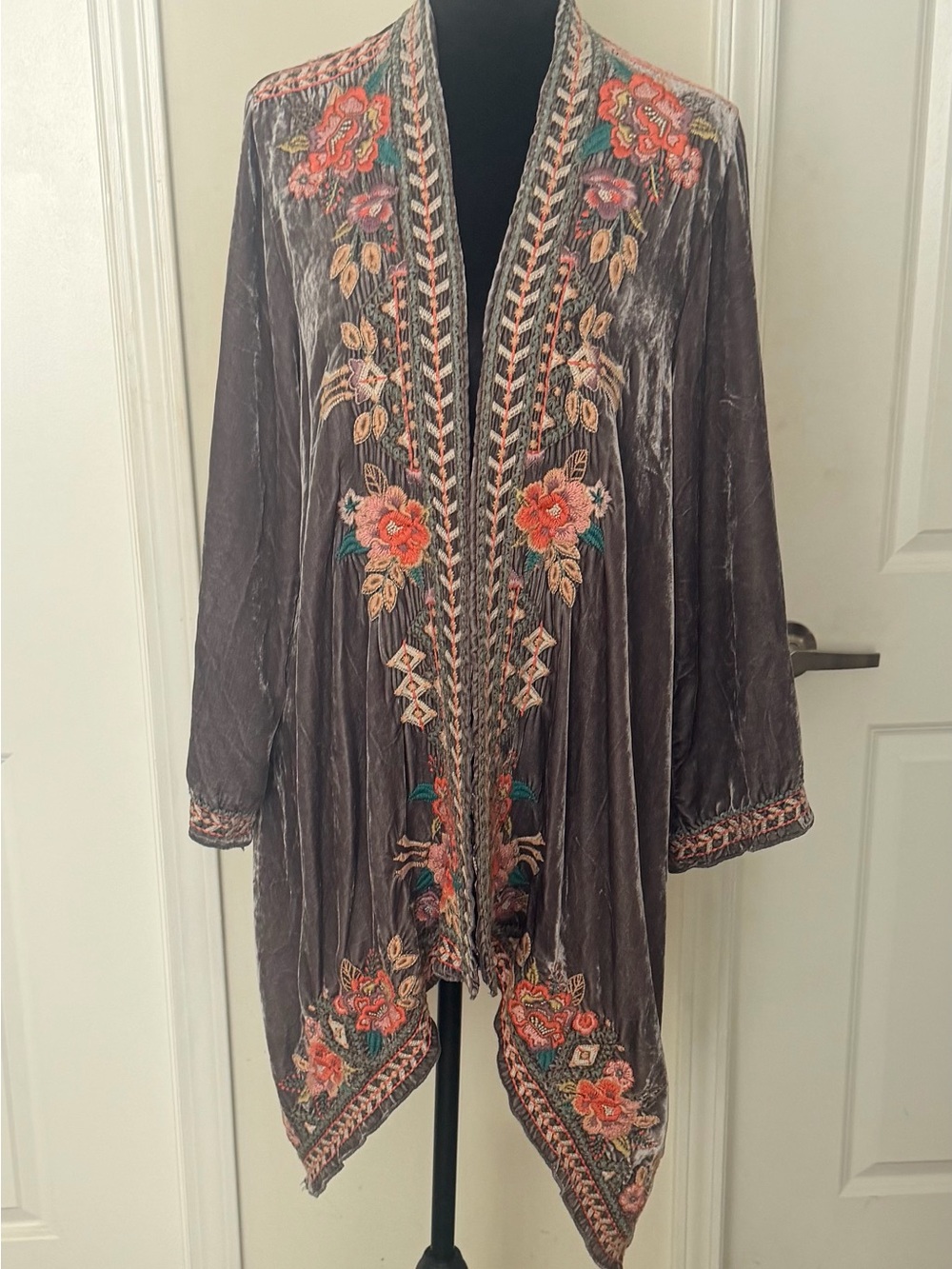 Johnny Was Gray Velvet Floral Embroidered Jacket with Pink and Yellow Accents